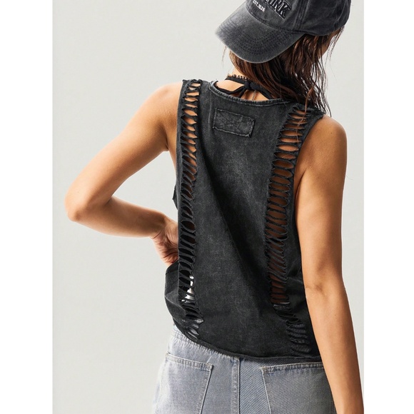 Cotton Grey Distressed Tank Top Loose Fit - Picture 2 of 9